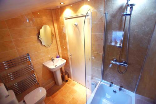 a bathroom with a shower and a toilet and a sink at The Lodge in Masham