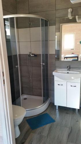 a bathroom with a shower and a toilet and a sink at Błękitna Laguna 600m od morza in Rusinowo