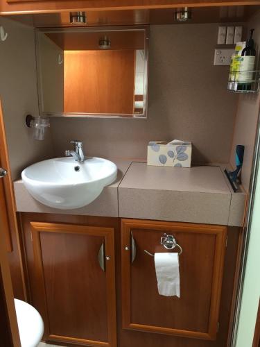 a bathroom with a sink and a counter with a mirror at Comfortable caravan in Cooktown