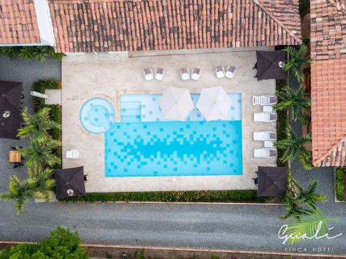 an overhead view of the pool at the resort at Finca Hotel Guali Santafe in Santa Fe de Antioquia