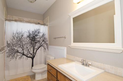 a bathroom with a sink and a toilet and a mirror at Teton Harmony by KABINO Hot Tub Pool Table Fire Pit Mtn Views 2 Levels 2 Living Rooms WiFi Grill in Driggs