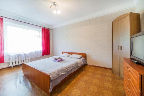 ein Schlafzimmer mit einem großen Bett und einem TV in der Unterkunft Квартира эконом-класса возле метро Левобережная in Kiew