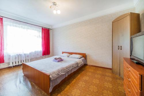 a bedroom with a large bed and a television at Квартира эконом-класса возле метро Левобережная in Kyiv