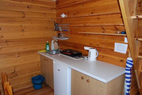 eine kleine Küche mit Holzwänden und einer Theke in der Unterkunft Domki u Wladka in Sianożęty