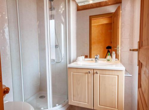 La salle de bains est pourvue d'un lavabo et d'une douche. dans l'établissement PLACE EGLISE 2, à Morzine