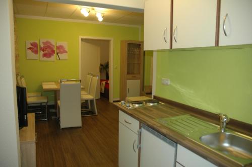 cocina con paredes verdes y encimera en Apartments Stirl, en Dresden