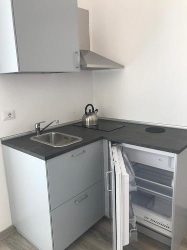 a kitchen with a sink and an open refrigerator at Cinqueterre Manarola in La Spezia