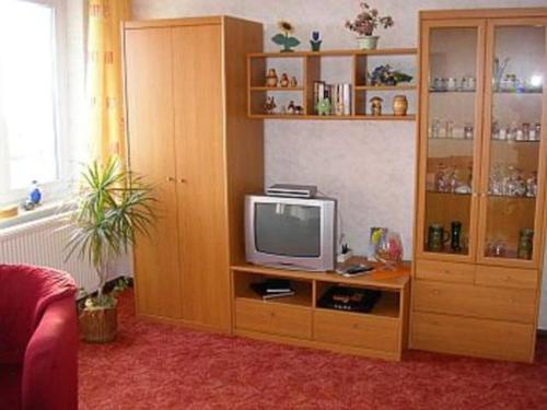 a living room with a television on a wooden entertainment center at Ruegen_Fewo 285 in Neu Mukran