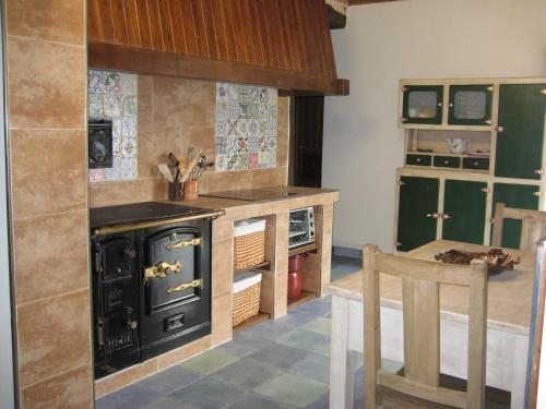 a kitchen with green cabinets and a stove at Casa Rural Garabilla in Santa Coloma