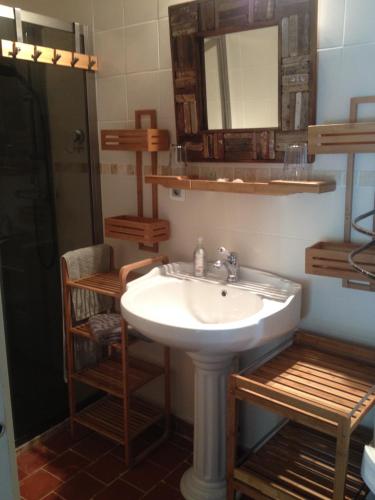 y baño con lavabo, espejo y ducha. en Hôte Sainte Marie, en Ouchamps