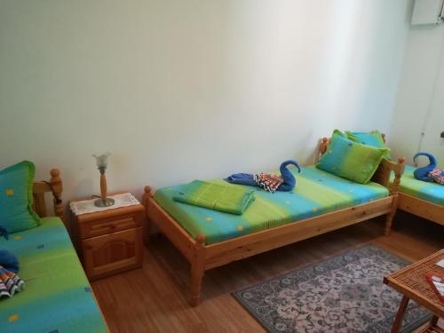 a room with two twin beds and a table at Villa Bulgarka in Divchovoto
