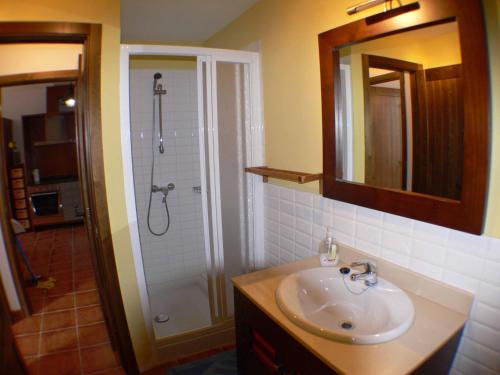 y baño con lavabo y ducha. en 1 P Casa de los Fernandez Rajo, en Orihuela del Tremedal