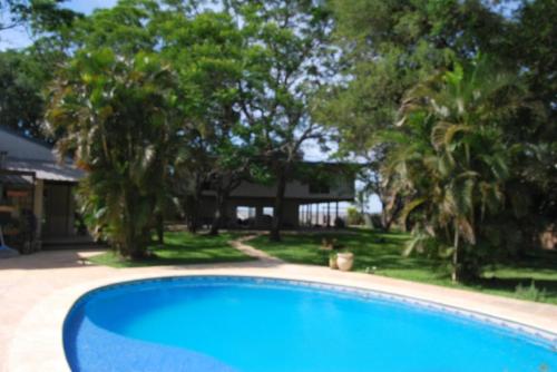 a swimming pool in front of a house with trees at TERRAZA AL RIO 2 in Paso de la Patria