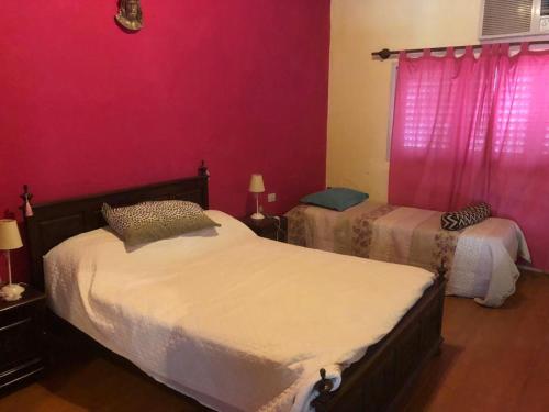 a bedroom with two beds and a pink wall at TERRAZA AL RIO 2 in Paso de la Patria