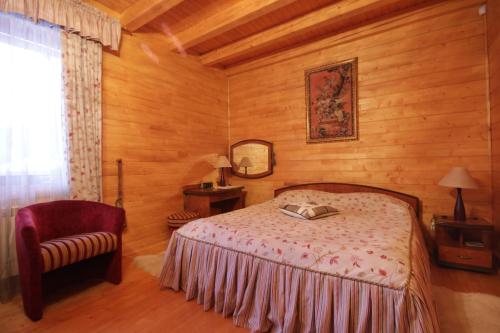 Un dormitorio con una cama, una silla y un espejo. en Villa Monte, en Slavske