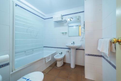 a bathroom with a toilet and a sink and a shower at Casa Palacio de los Leones in El Puerto de Santa María