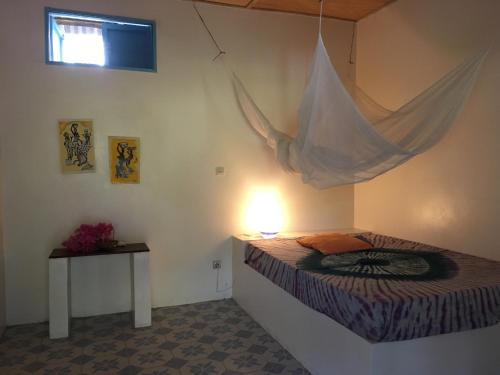 1 dormitorio con 1 cama con mosquitera encima en Guesthouse Yonol, en Abémé