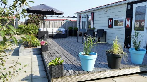 a deck with potted plants and an umbrella at Olmenduin Chalet Olm Zeeland in Serooskerke