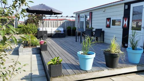 a deck with potted plants and an umbrella at Chalet Olm Ferienpark Olmenduin Zeeland 4 Pers familienfreundlich Hunde willkommen in Serooskerke