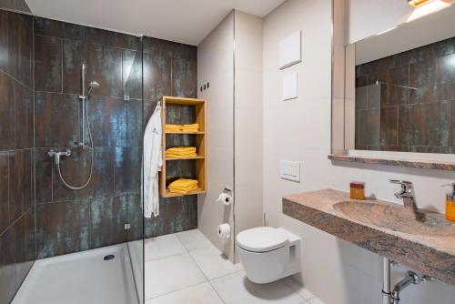 a bathroom with a shower and a toilet and a sink at Thermalhotel Aulendorf in Aulendorf