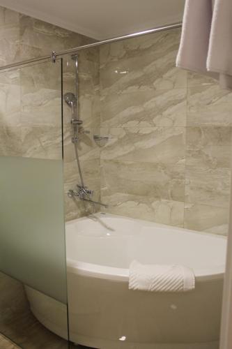 een badkamer met een douche, een bad en een toilet bij Guest House Roma in Sint-Petersburg