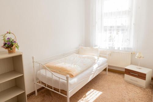 a white bed in a room with a window at Ferienwohnung, Messenah, ruhige Stadtlage Löbau in Löbau