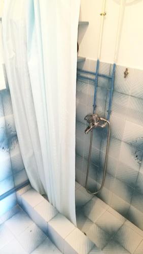 a shower in a bathroom with a shower curtain at Anemos Seaside House in Skiros