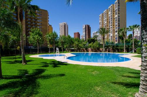 a swimming pool in a park with palm trees and buildings at Apartamentos con terraza Torre D'Oboe by Renthas in Benidorm