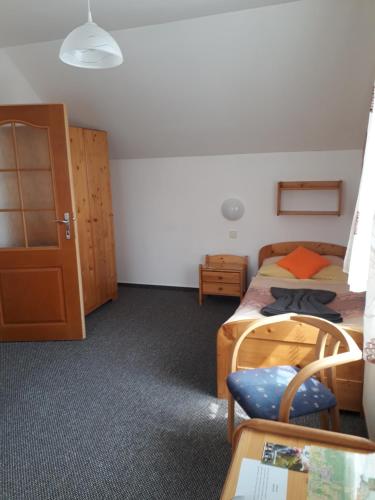 1 dormitorio con 1 cama, 1 silla y 1 mesa en Penzion Andy, en Děčín