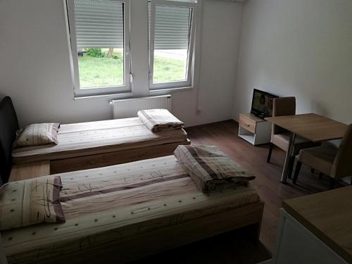 two beds in a room with a table and a television at Apartment Tijana in Banja Koviljača