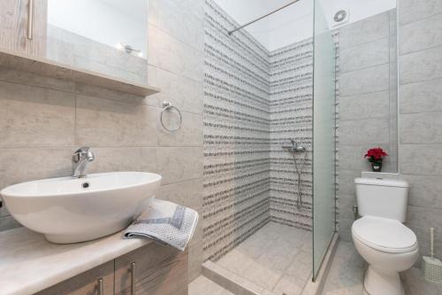 a bathroom with a sink and a toilet and a shower at Ioanna Studios in Skala Kallirachis