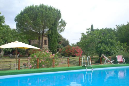 una piscina con sombrilla, mesa y sillas en Silence and relaxation in the woods of Umbria, en Porchiano