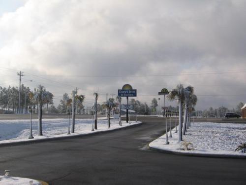 an empty road with palm trees and a street sign at Days Inn & Suites by Wyndham Swainsboro in Swainsboro