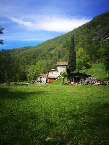 a green field with a house and a hill at Agriturismo di là dall'Acqua in Fivizzano