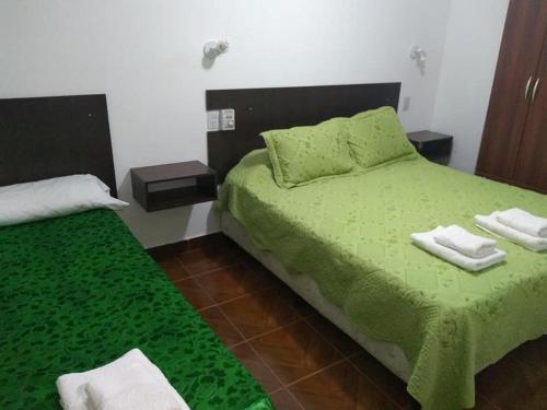 a bedroom with a green bed with towels on it at APART SUR II in Termas de Río Hondo