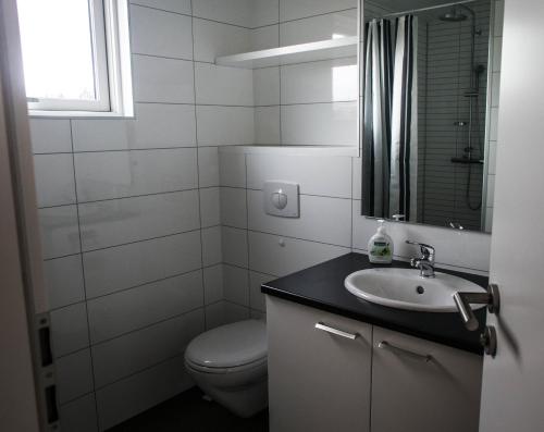 a bathroom with a toilet and a sink at Einishus Cottages in Laugar