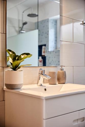 a bathroom sink with a potted plant on it at 2 Bedroom Apartment House - Sol do Murtal in Parede
