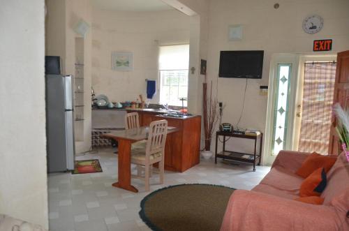 ein Wohnzimmer mit einem Sofa und einem Tisch sowie eine Küche in der Unterkunft David's Place in Christchurch