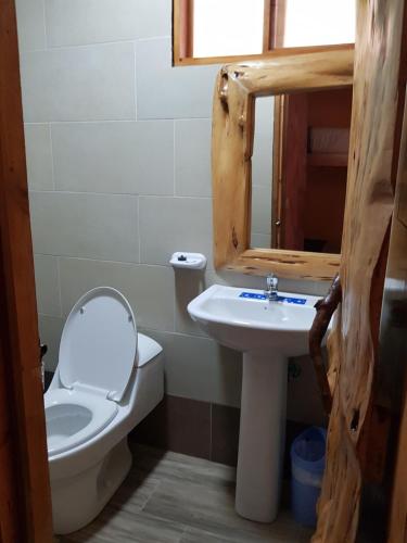 a bathroom with a toilet and a sink and a mirror at Ricky's House in Baños