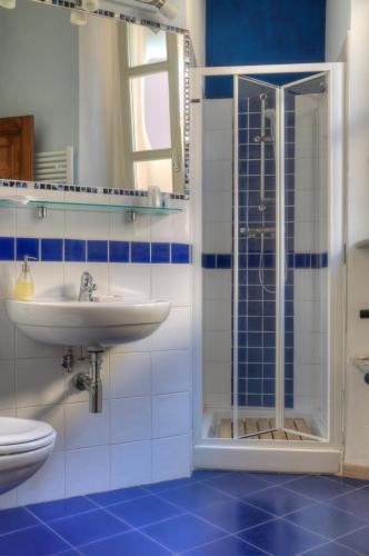 a blue and white bathroom with a sink and a shower at Domus Aurea in Saluzzo