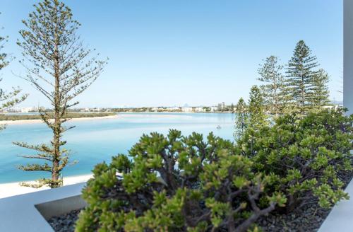 a view of a body of water with trees at Rumba Beach Resort in Caloundra
