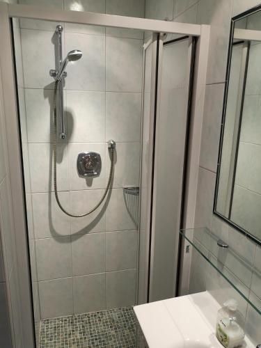 a bathroom with a shower and a sink at Apartment Rauch in Zell am Ziller