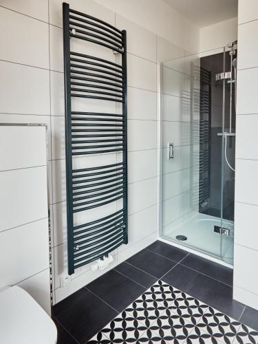 a bathroom with a shower and a glass door at Hotel a Hostinec Slunce in Osečná