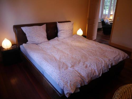 a bed with a white comforter and two pillows at Haus Honigstal Landhaus Café in Wuppertal