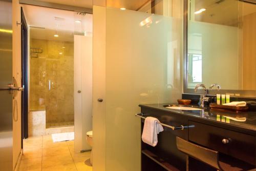 Penthouse De Soleil South Beach - on Ocean Drive Miami Beach في ميامي بيتش: حمام مع حوض ودش