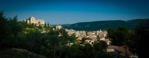 une ville au sommet d'une colline avec un château dans l'établissement Studio pour cures et vacances, à Gréoux-les-Bains