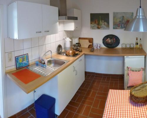 eine Küche mit einer Spüle und einer Arbeitsplatte in der Unterkunft Duschenhof in Fuhrberg