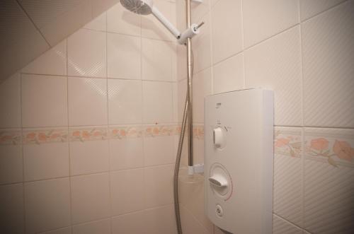 a shower with a shower head in a bathroom at Cottage 215 - Claddaghduff in Cleggan