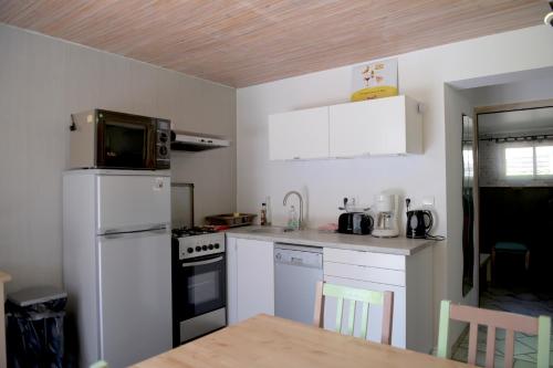 a kitchen with white appliances and a wooden ceiling at Gite L'Acacia in Lagorce