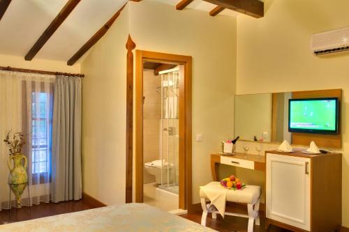 a bedroom with a bed and a bathroom with a television at Dogan Hotel in Antalya